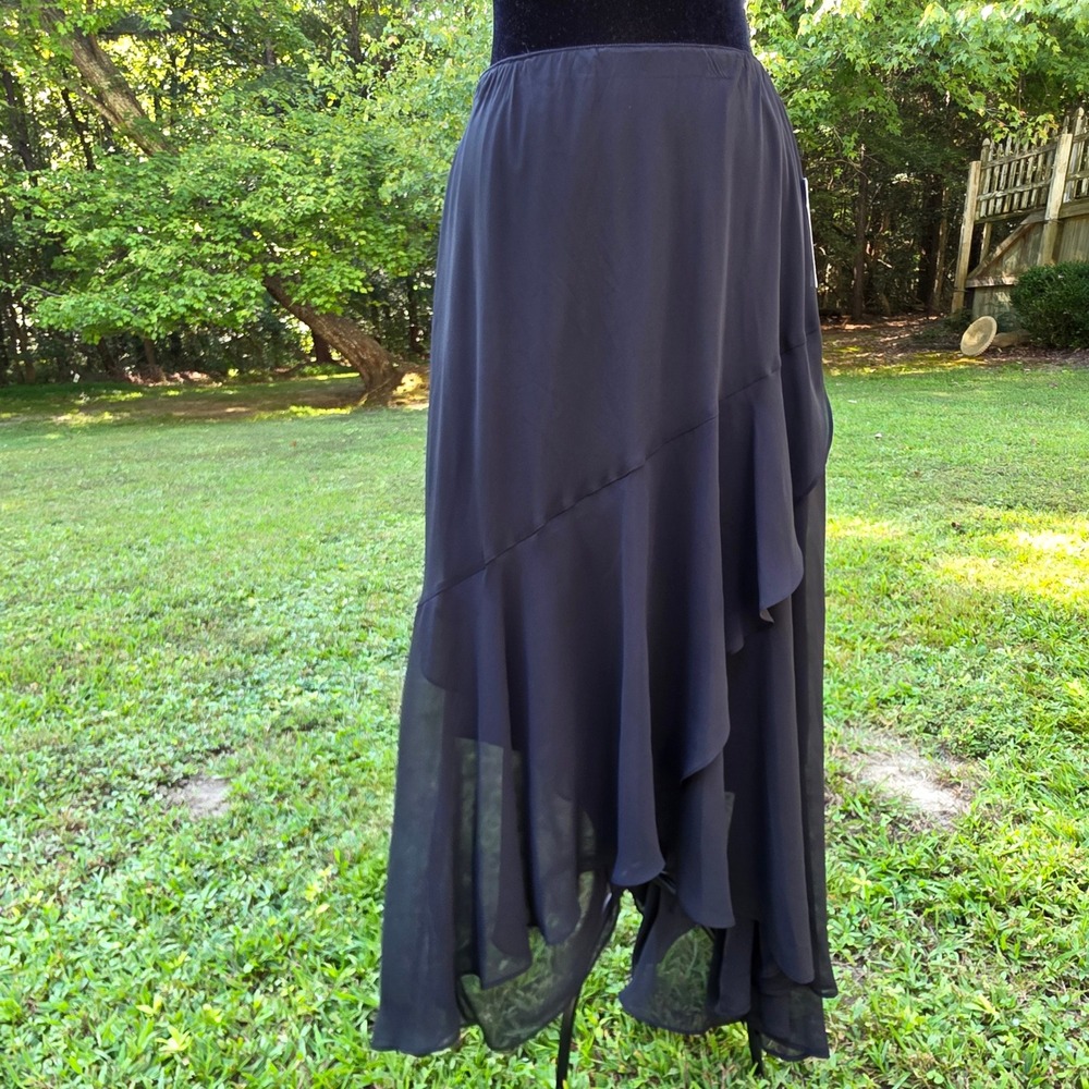 ALEX EVENINGS Petite L Black Chiffon Long Maxi Skirt Ruffle High Low Formal NWT